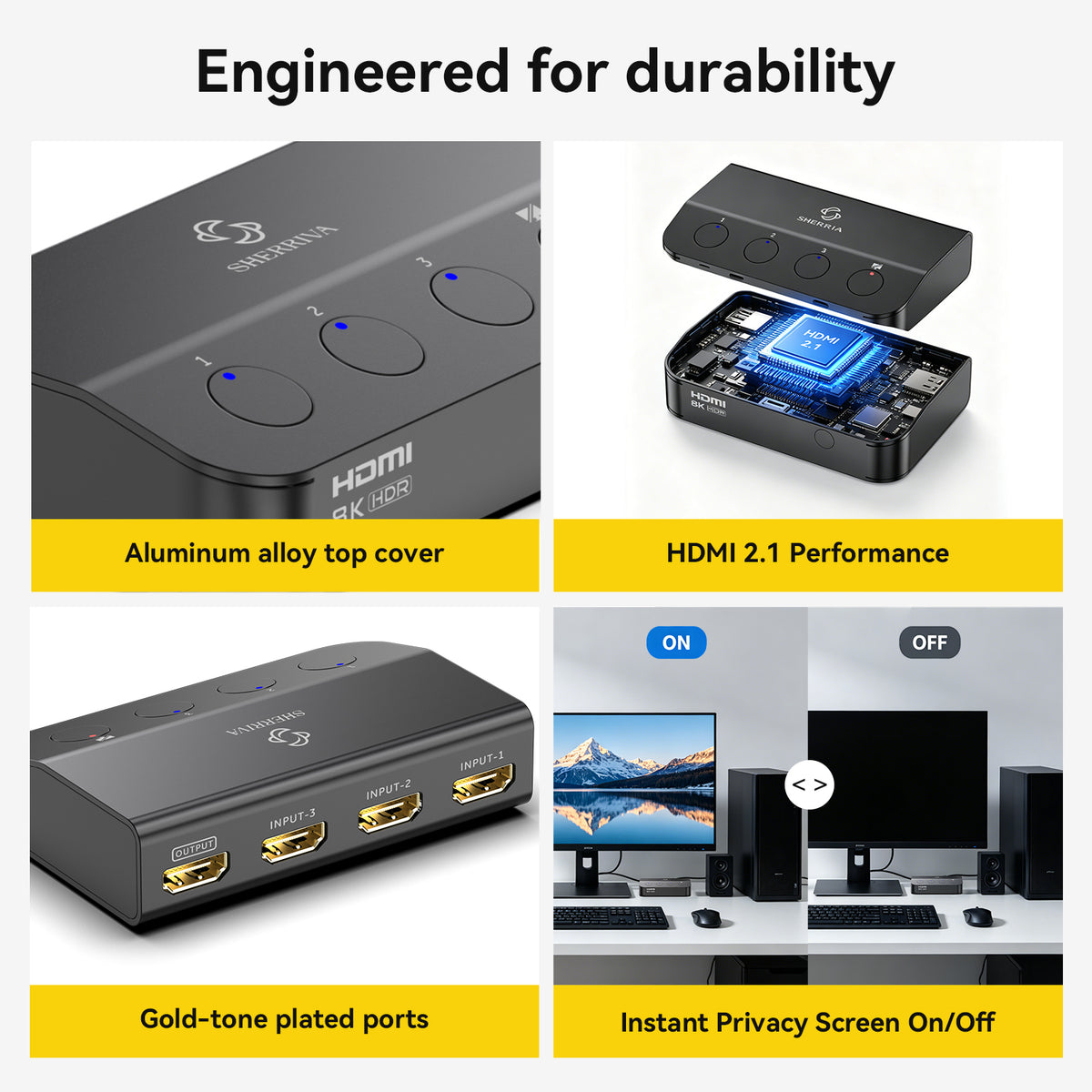 A 2x2 promotional collage for a black HDMI switch. The top-left panel shows a close-up of the aluminum alloy top cover with four round buttons and labeled HDMI ports.