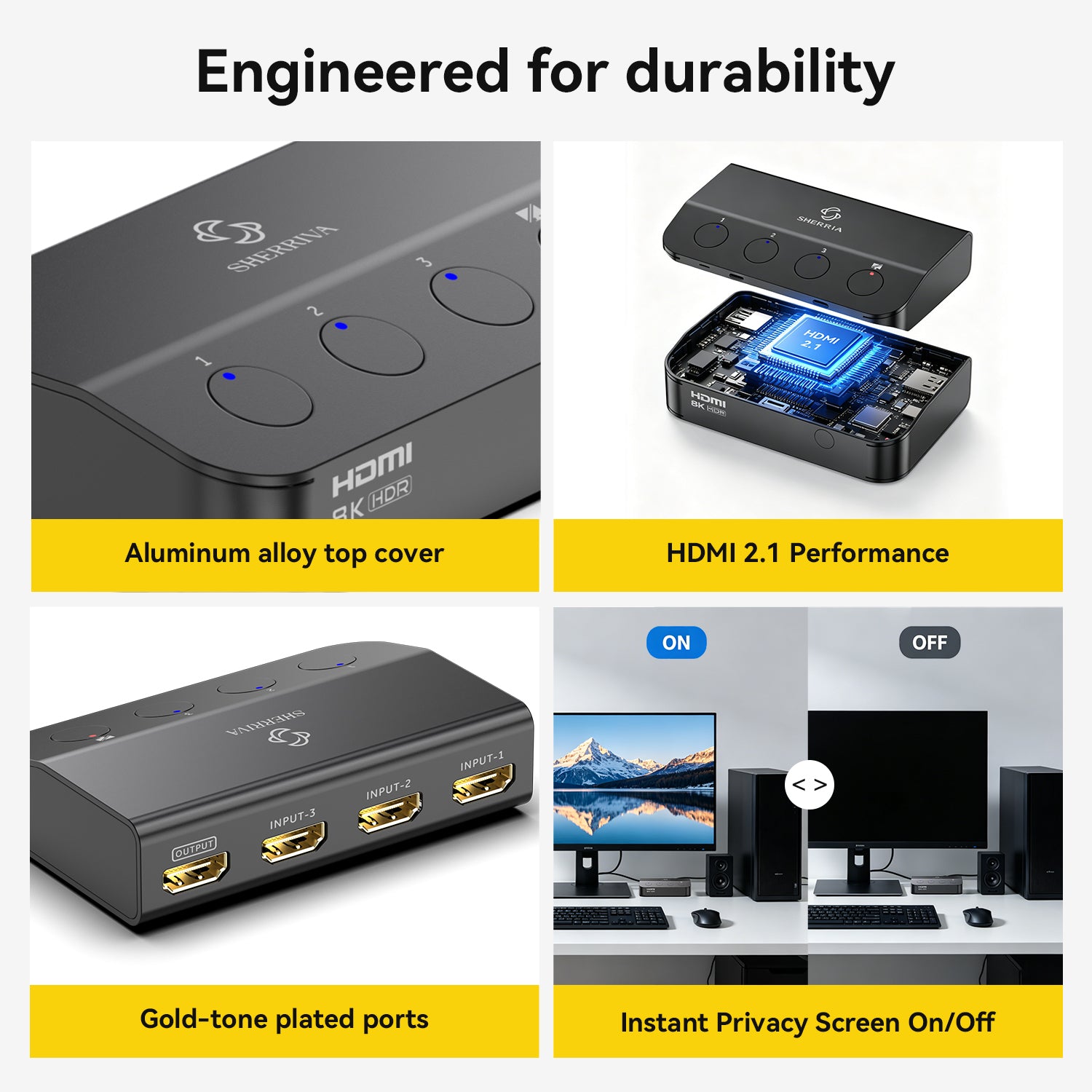 A 2x2 promotional collage for a black HDMI switch. The top-left panel shows a close-up of the aluminum alloy top cover with four round buttons and labeled HDMI ports.