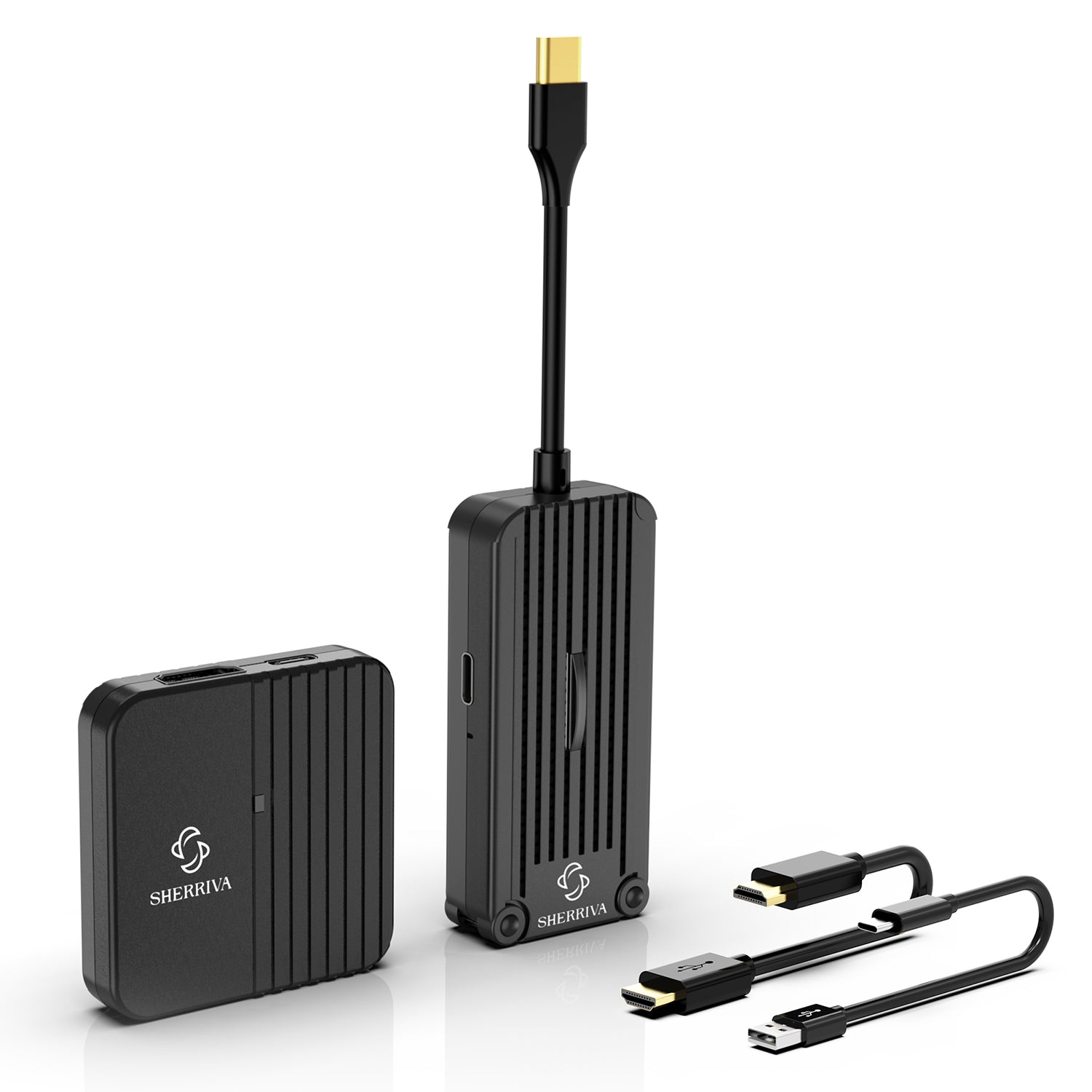 A black SHERRIVA wireless USB-C transmitter and HDMI receiver set, including a small rectangular transmitter, a larger rectangular receiver, a USB-A to USB-C power cable, and an HDMI cable.
