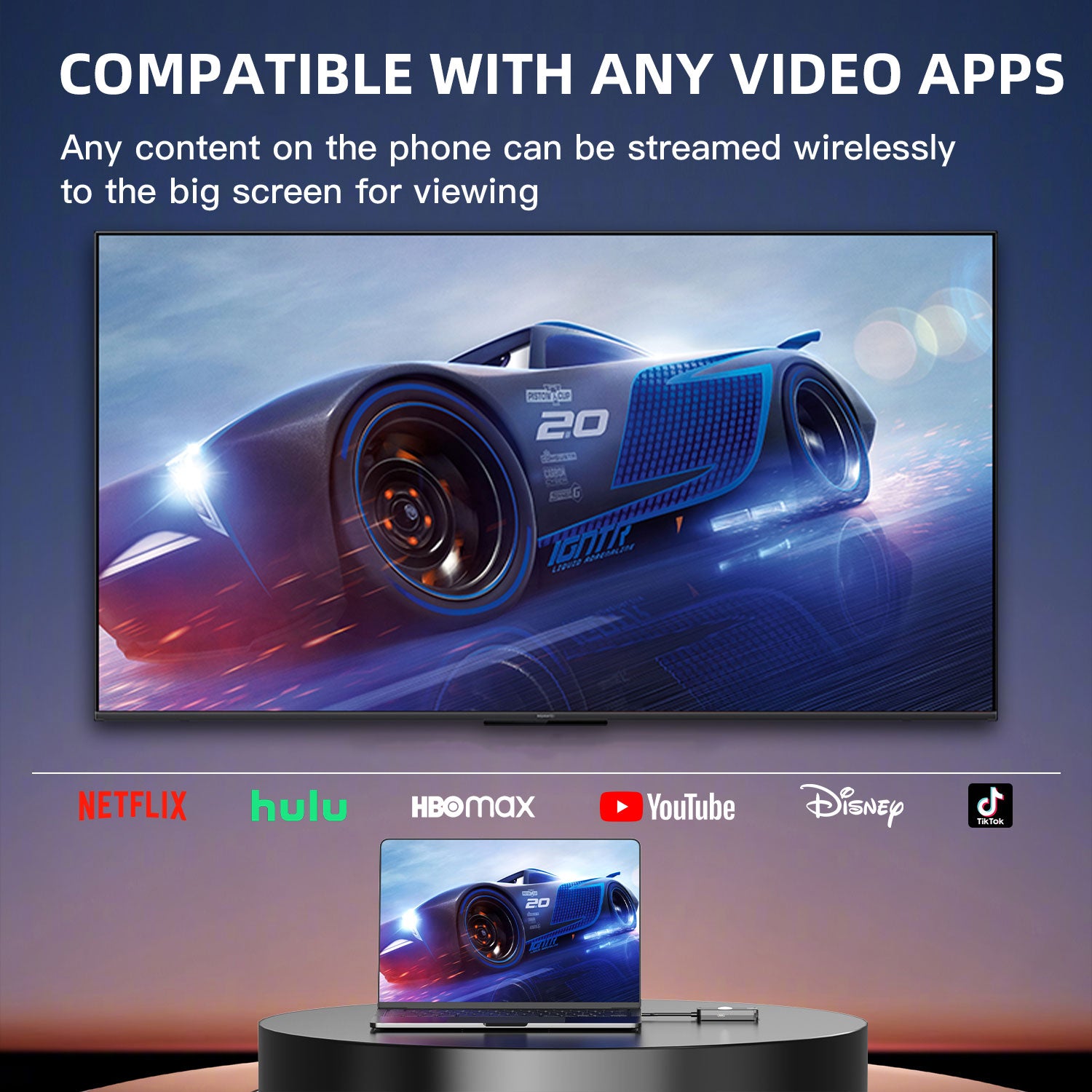 TV screen displaying a racing car with smartphone showing same image, featuring compatibility with video apps.