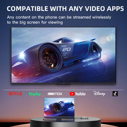 TV screen displaying a racing car with smartphone showing same image, featuring compatibility with video apps.