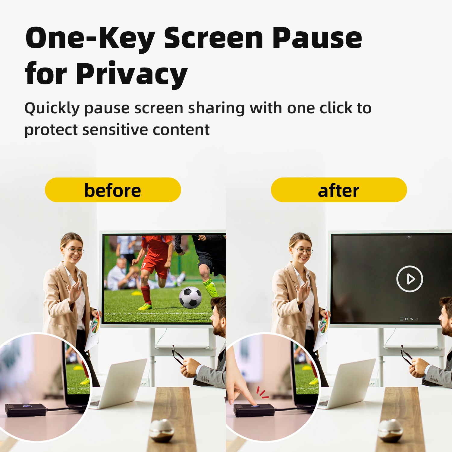 Showcasing before & after: one-key screen pause for privacy function